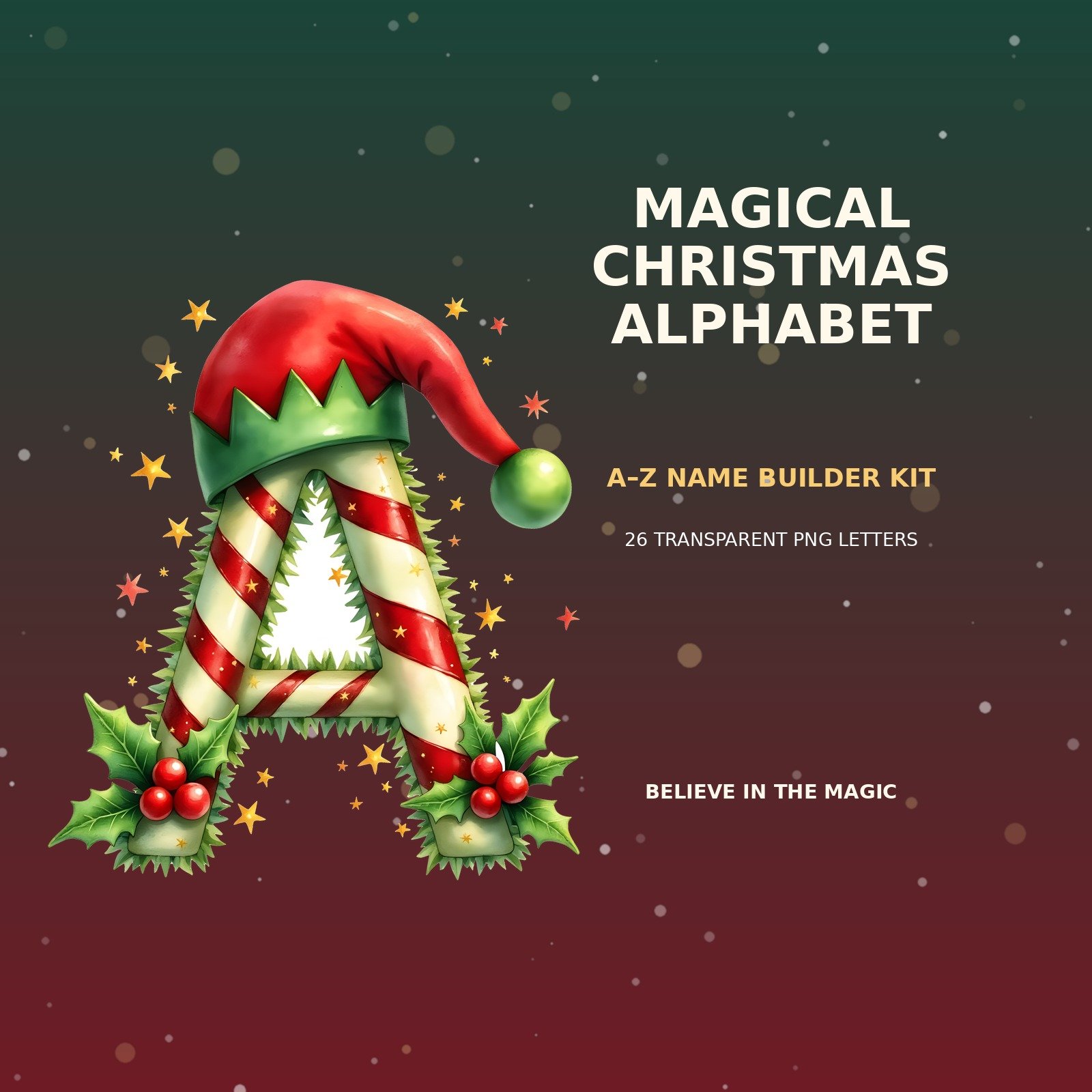 Magical Christmas Alphabet A–Z – Transparent PNG Name Builder Kit | Vol. 1