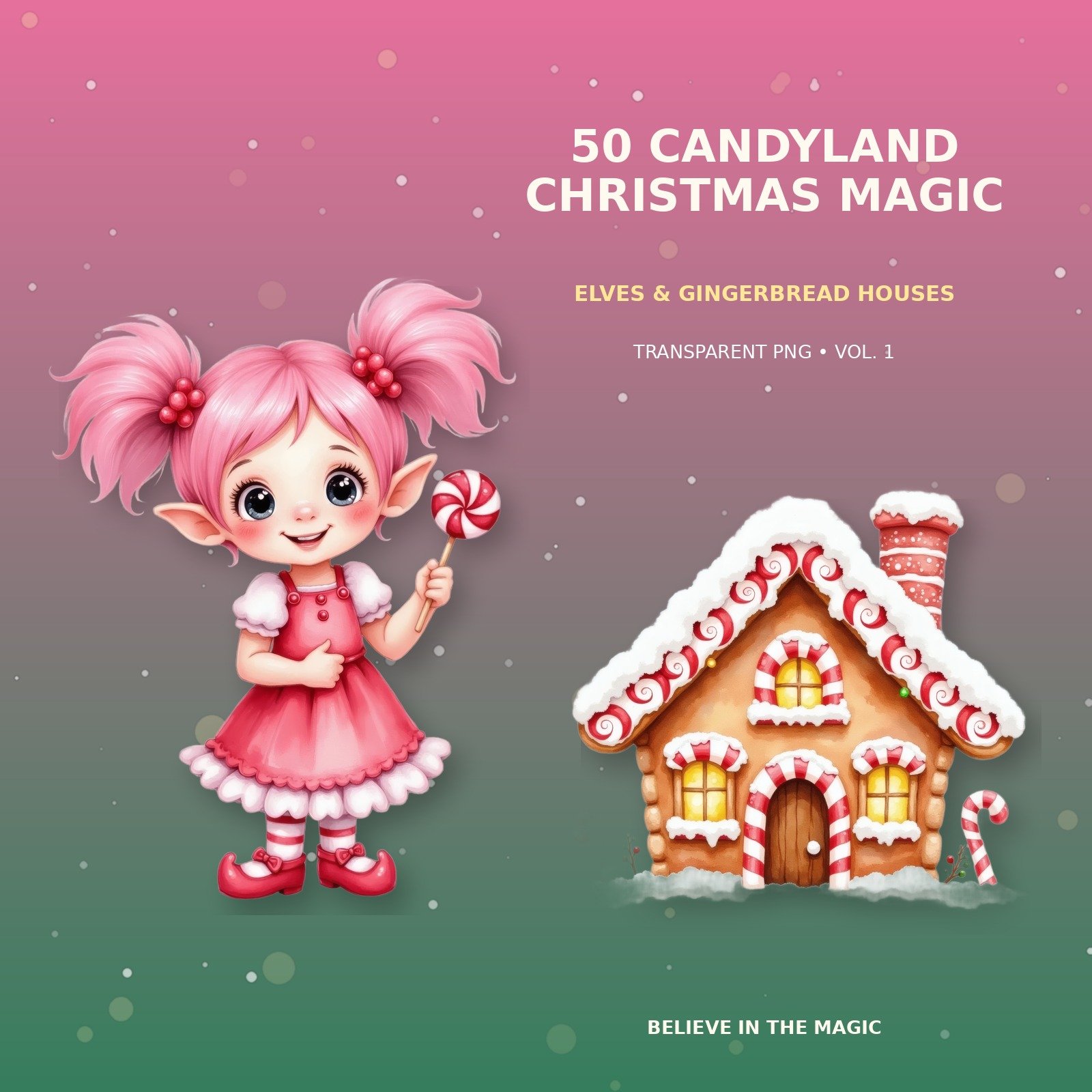 50 Candyland Christmas Magic – Elves & Gingerbread Houses PNG Bundle | Vol. 1